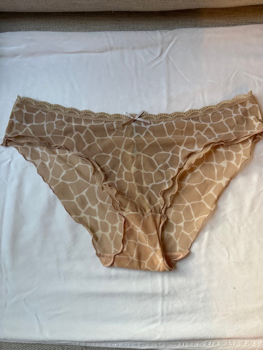 NWOT Daisy Fuentes Size L Tan Giraffe Print Mesh Cheeky Panty Lace Trim